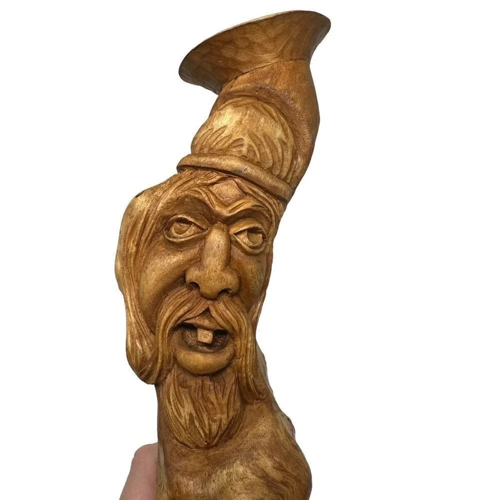 Hand Carved Wood Spirit Wizard Candlestick Holder Folk Art Whimsical Bearded Man